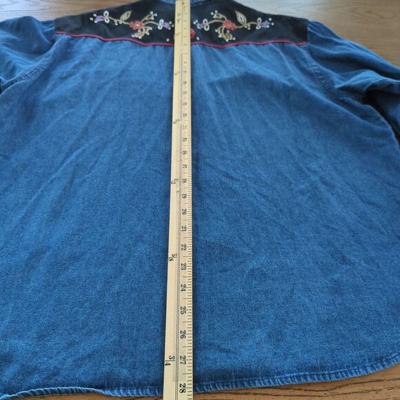 Rhythm Blue Vintage Shirt Western Denim Velvet Embroidered Floral Women L - Picture 13 of 14